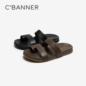 【上新】千百度夹趾一字拖女2026夏季新款真皮平底外穿休闲拖鞋A26390223