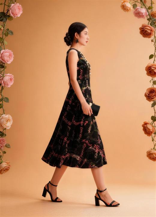 HJ2S09_水红色_连衣裙_夏季_简约大方彩线涂鸦字母印花圆领收腰 A 字大摆裙_高级女装_BERNIEELEN 伯妮斯茵 商品图6