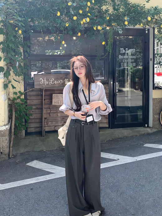 天猫同步【莱赛尔+棉】拉夏贝尔/La Chapelle一粒扣休闲裤女高腰腰带时尚宽松垂感直筒长裤 商品图6