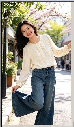 682900春款上新 圆领真丝长袖衫