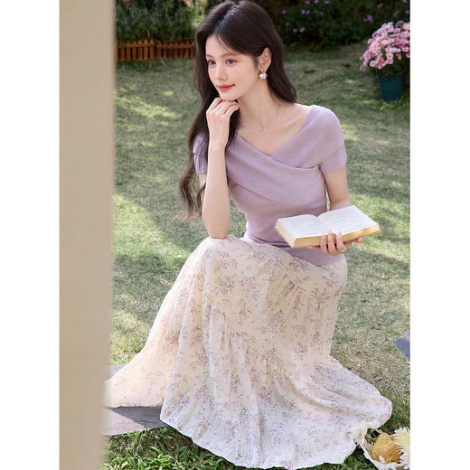 鹿向南「晚风叙信」莱赛尔紫色短袖T恤女夏法式收腰修身显瘦上衣 商品图3