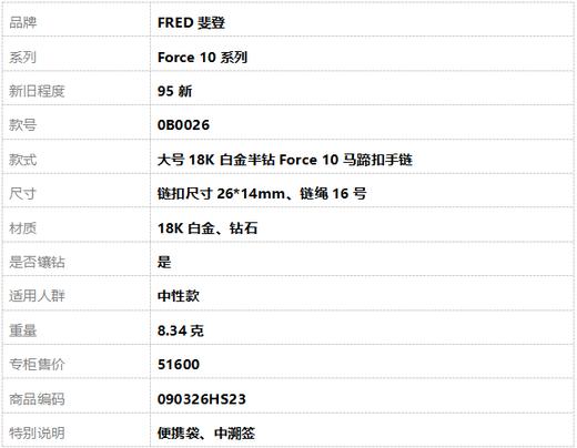 【95新】FRED斐登Force 10系列0B0026大号18K白金半钻Force 10马蹄扣手链 链绳16号中性款090326HS23 商品图7