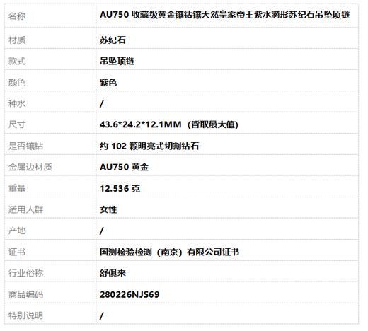 【天然正品】舒俱来AU750收藏级黄金镶钻镶天然皇家帝王紫水滴形苏纪石吊坠项链43.6*24.2*12.1MM（皆取最大值）280226NJS69 商品图9