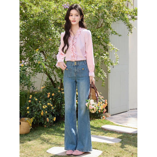 鹿向南「深海浅行」蓝色复古微喇牛仔裤女春高腰显瘦直筒宽松长裤 商品图4