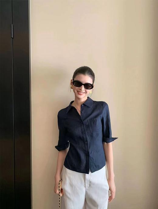 F0320121新款时髦老钱风亚麻中袖收腰显瘦气质通勤衬衫 商品图11