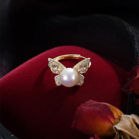 子佩集【蝴蝶巧梦】银S925珍珠AOYA奥雅戒指【MLJZ005】8mm珠镀金蝴蝶2512