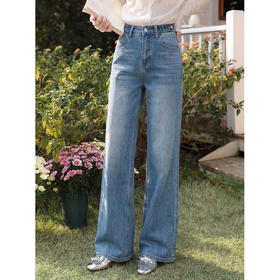 鹿向南「海蓝浸纱」蓝色直筒宽松牛仔裤女春新款时尚百搭宽松长裤