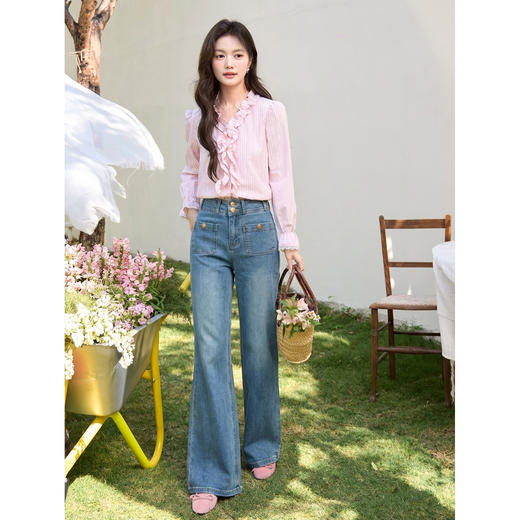 鹿向南「深海浅行」蓝色复古微喇牛仔裤女春高腰显瘦直筒宽松长裤 商品图2