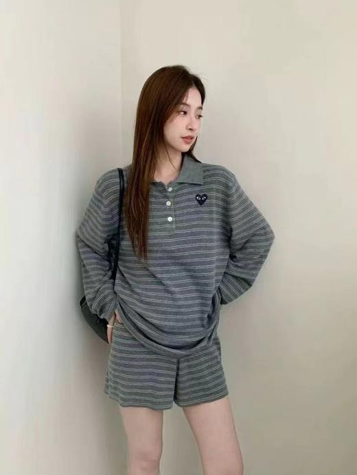 F032076休闲慵懒韩系通勤风宽松版型翻领半开襟纽扣条纹针织套装 商品图10