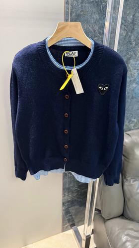 F0320148复古学院风藏青圆领蓝白条纹短款修身针织开衫