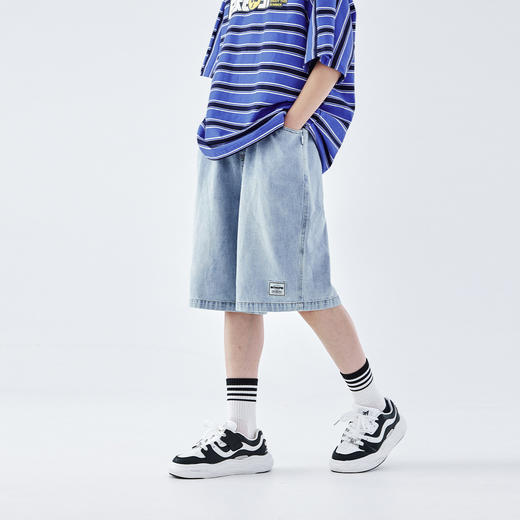 蓝汽水2026夏新款男童休闲裤青少年美式复古水洗亲肤直筒牛仔短裤 商品图2