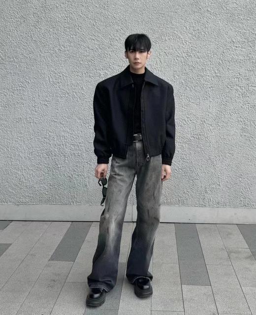 F032091泼墨涂鸦男女同款复古水洗做旧直筒微喇牛仔裤 商品图10