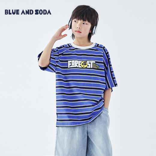 蓝汽水2026夏季新品男童条纹上衣青少年插肩休闲印花圆领短袖T恤 商品图0