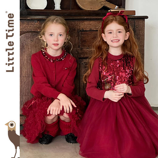 littletime女童红色亮片领针织开衫蓬蓬裙套装儿童演出服拜年服 商品图3