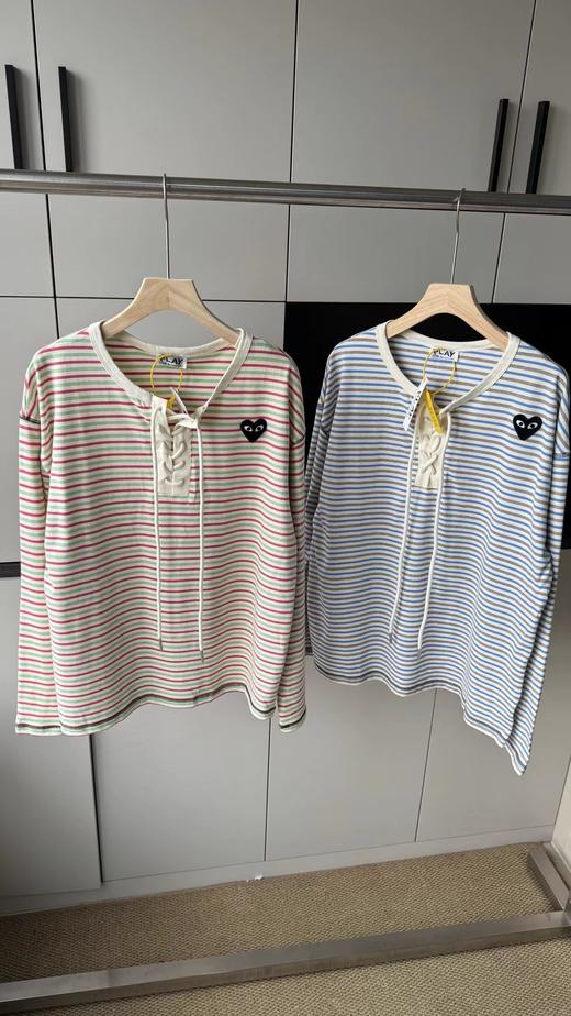 F032071清新复古宽松落肩版型彩条系带爱心刺绣长袖T恤 商品图0