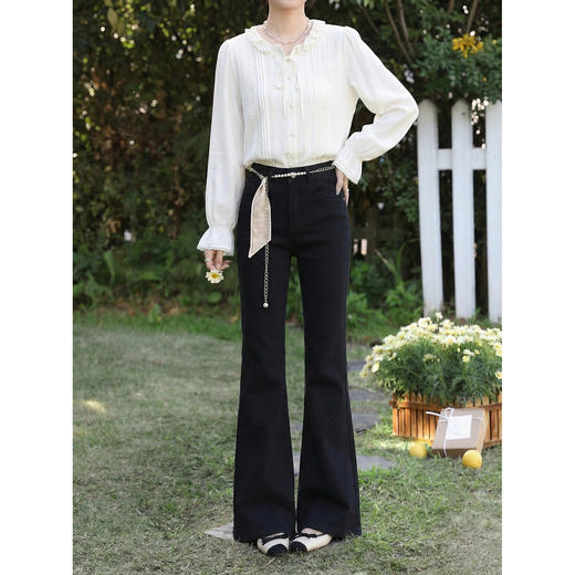 鹿向南「墨黑雅调」百搭气质黑色修身显瘦牛仔裤女春季直筒微喇裤 商品图0