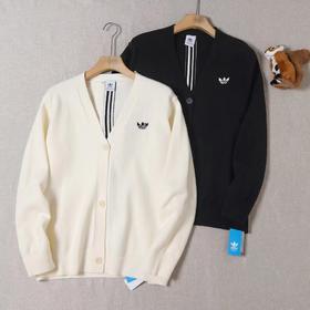 F0320140男女同款刺绣logo后背三条杠V领+排扣设计毛衣开衫