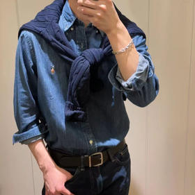 【2fz1】经典刺绣设计！男子水洗牛仔料翻领长袖衬衫！！