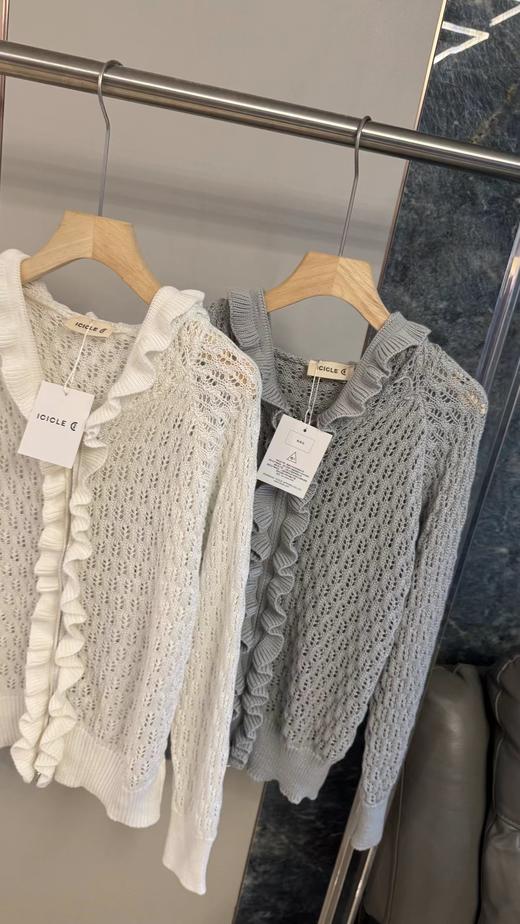 F032017春秋新款时尚百搭荷叶边镂空针织长袖开衫 商品图1