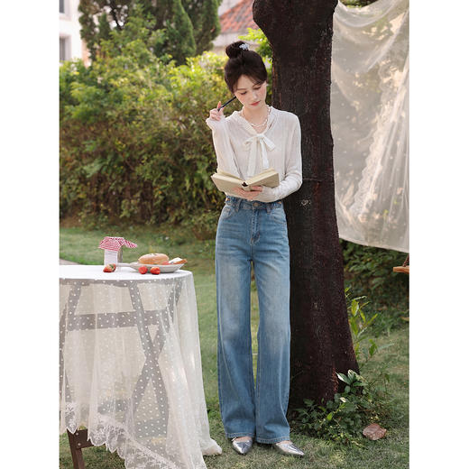 鹿向南「海蓝浸纱」蓝色直筒宽松牛仔裤女春新款时尚百搭宽松长裤 商品图1