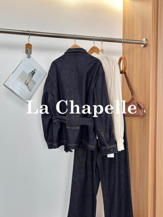 专柜实拍【轻奢风牛仔】拉夏贝尔/La Chapelle翻领口袋明线廓形设计配腰带时髦牛仔上衣气质老钱风外套 商品图5