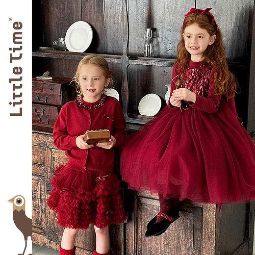 littletime女童红色亮片领针织开衫蓬蓬裙套装儿童演出服拜年服 商品图4