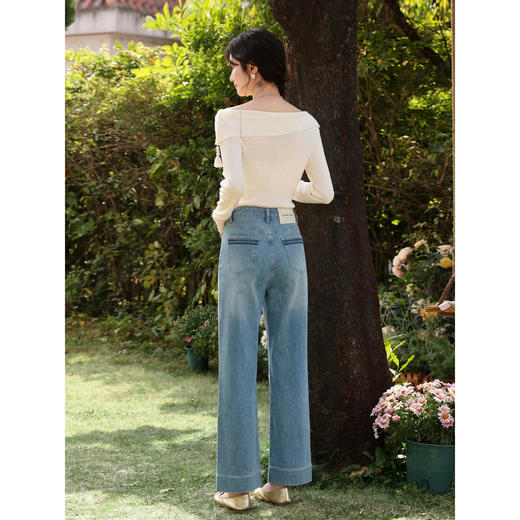 鹿向南「湛蓝海岸」蓝色宽松牛仔裤女夏高腰显瘦直筒宽松九分长裤 商品图3