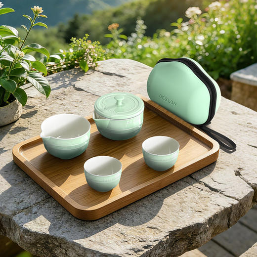 🌼户外露营便携茶器｜🥳【德世朗暖阳系列陶瓷茶具套装DFS-TZ857-5A-GN】，🌸让茶香伴你奔赴每一场美好 ✅精巧便携，喝茶不限制 ✅匠心陶瓷，👍质感藏细节  商品图0