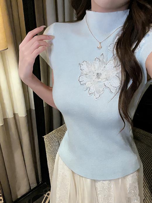 张心子【薄荷千金】半高领气质甜美方领弹力立体花朵软糯针织衫上衣 U2603051 商品图1