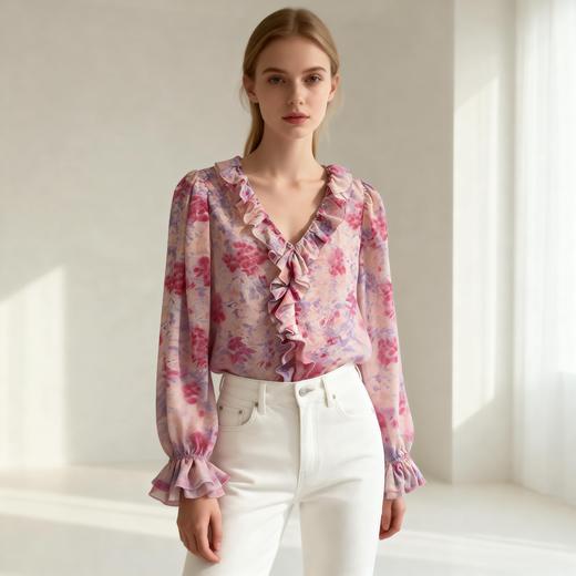 【孤品样衣，不退不换】V领钉珠晕染撞色喇叭袖上衣 商品图0