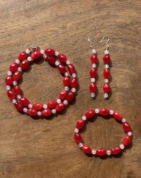 红玛瑙菱格面橄榄珠首饰三件套组，顺丰包邮