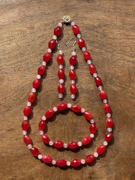 红玛瑙菱格面橄榄珠首饰三件套组，顺丰包邮 商品图10