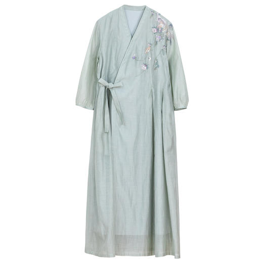 牧衣游原创 丝棉重工手绣连衣裙女新款宽松系带禅意复古长裙 北茉 商品图4