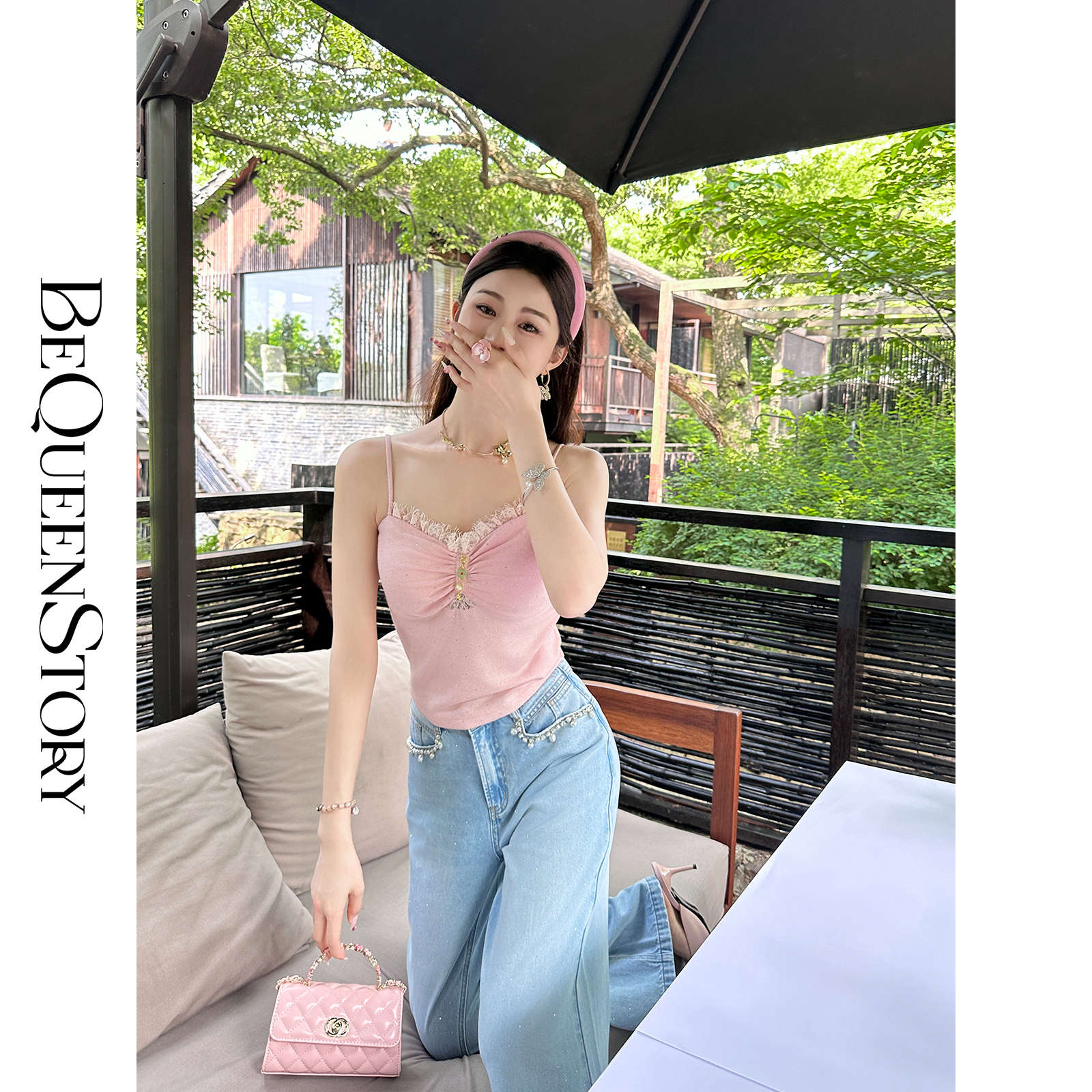 【大货捡漏，不退不换】  【粉樱甜茶】透气轻薄弹力针织拼接蕾丝性感百搭吊带