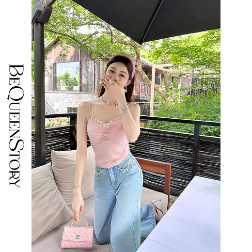 【大货捡漏，不退不换】  【粉樱甜茶】透气轻薄弹力针织拼接蕾丝性感百搭吊带 商品图0