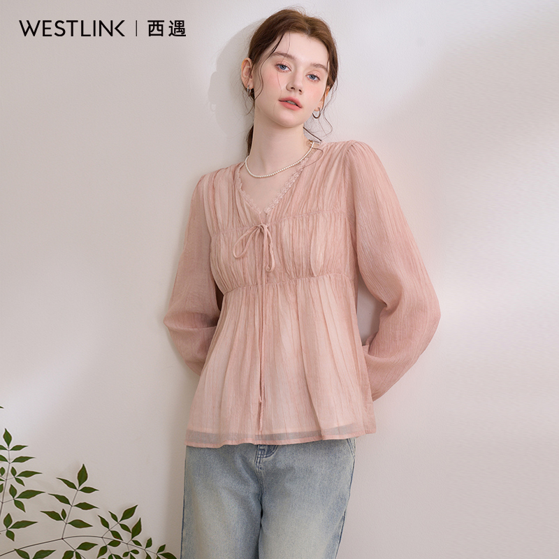 【限时秒杀】法式浪漫温柔打揽褶皱肌理感衬衫女娃娃款V领衬衣V0550228