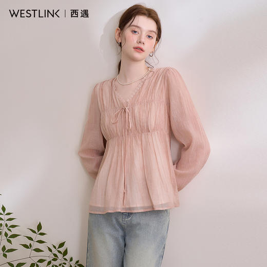 【限时秒杀】法式浪漫温柔打揽褶皱肌理感衬衫女娃娃款V领衬衣V0550228 商品图0