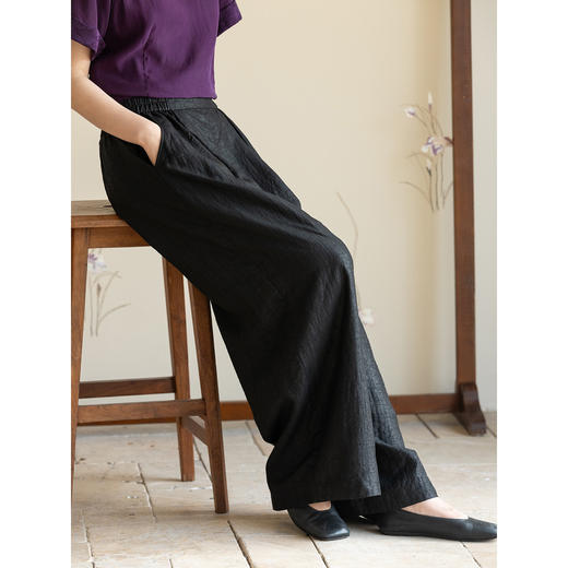 牧衣游原创 龟纹香云纱休闲长裤女新款黑色宽松禅意百搭裤子 欣雨 商品图1