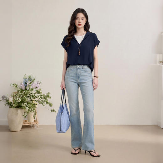 西遇蓝色短袖衬衫2026春季新品法式小衫撞色拼接衬衣女短袖上衣H0060198 商品图1