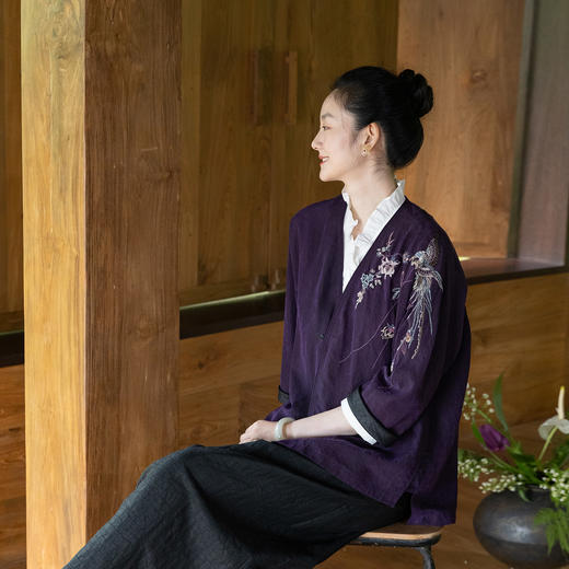 牧衣游原创 22姆米重磅重工手绣龟裂纹香云纱外套复古东方 桑柔 商品图0