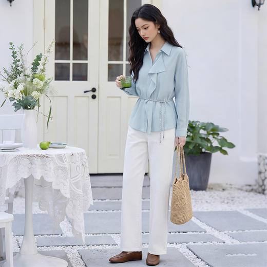 西遇法式气质慵懒风2026春季新款蓝色荷叶边长袖衬衫宽松显瘦衬衣H0060201 商品图3