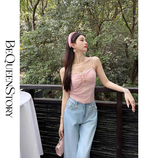 【大货捡漏，不退不换】  【粉樱甜茶】透气轻薄弹力针织拼接蕾丝性感百搭吊带 商品图4