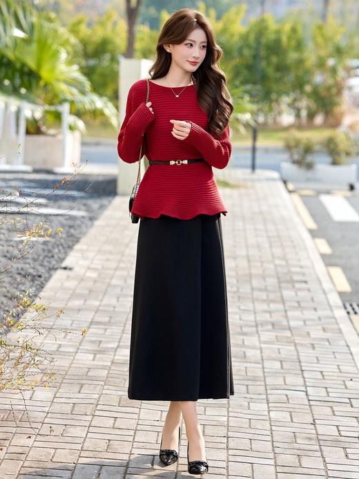 春季新款气质圆领收腰显瘦长袖针织衫半裙两件套配腰带YF2703 商品图3
