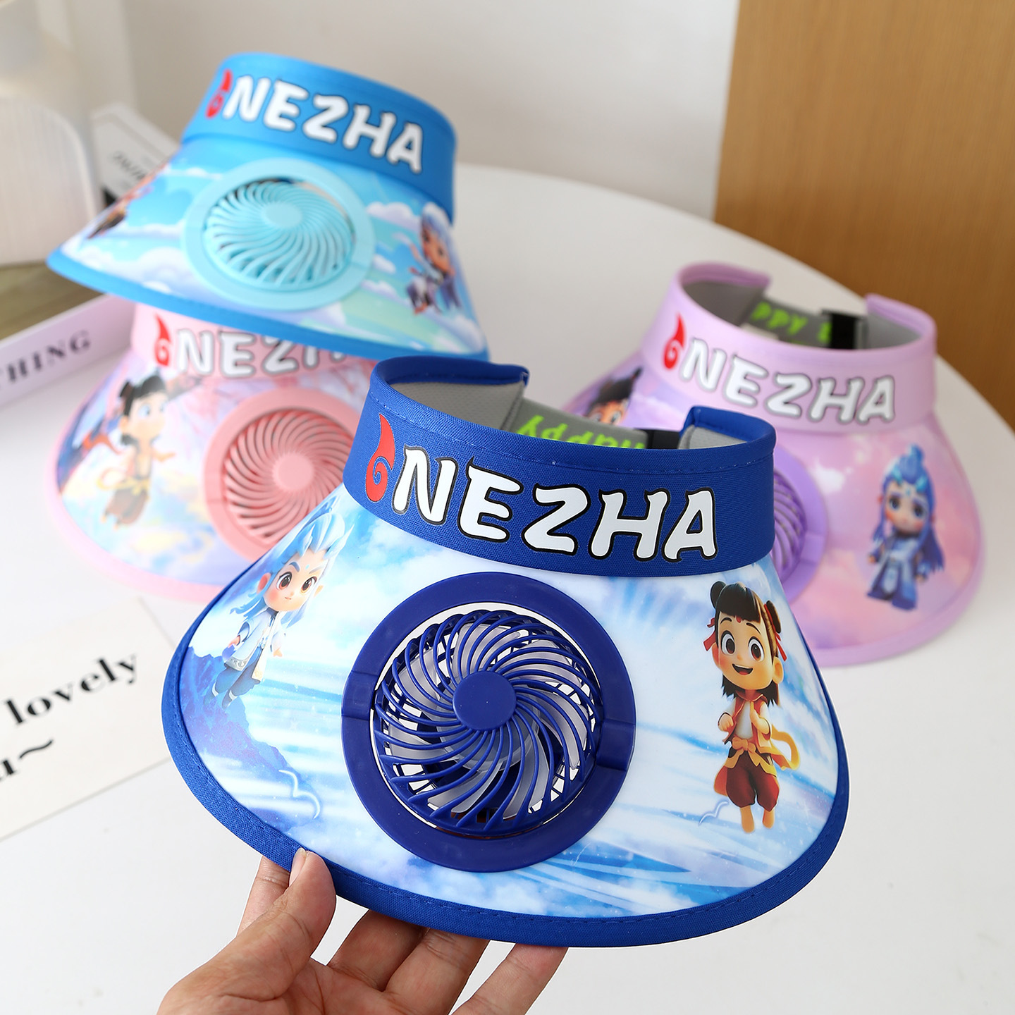 【卡通遮阳帽❗️带风扇】夏季儿童带风扇遮阳帽空顶帽宝宝帽子卡通哪吒防晒女童太阳帽。ya