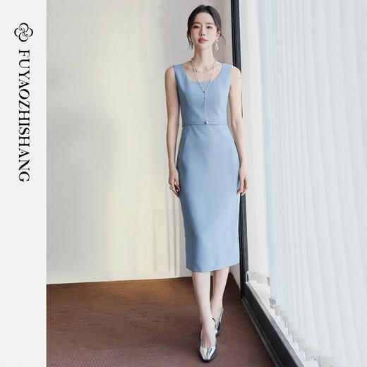 FUYAO扶摇直上 高智感无袖连衣裙女蓝色方领背心裙轻奢醋酸裙子夏 商品图4