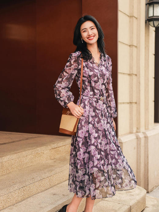 珂莱蒂尔koradior女装连衣裙紫蝶漫花KF12959S4 商品图0