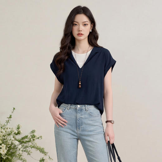 西遇蓝色短袖衬衫2026春季新品法式小衫撞色拼接衬衣女短袖上衣H0060198 商品图0