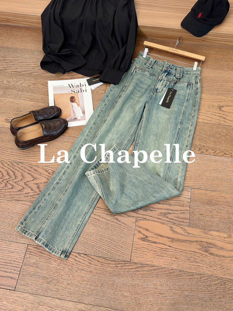 专柜实拍【莱赛尔+棉】拉夏贝尔/La Chapelle舒适柔软高腰宽裤袢单扣复古设计感牛仔裤宽松拖地长裤