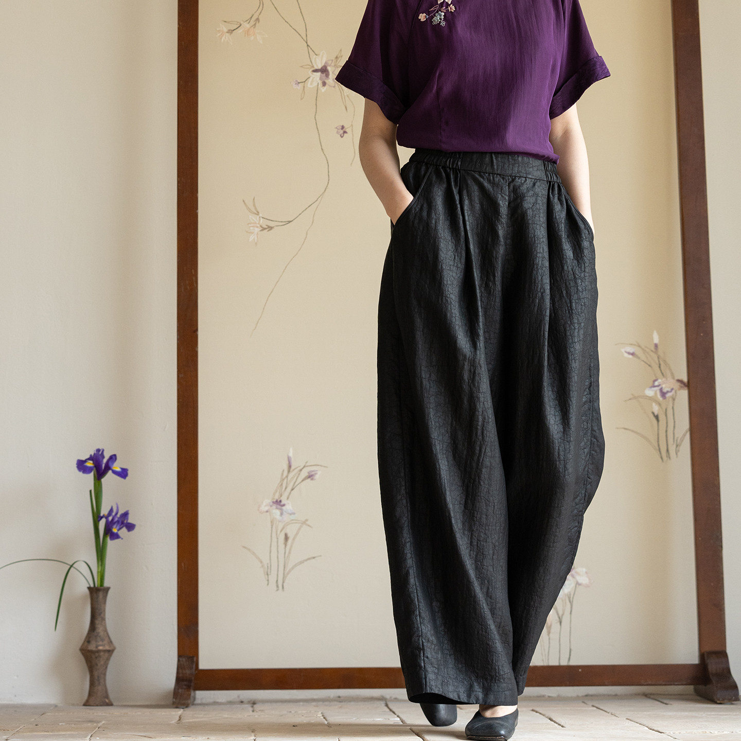 牧衣游原创 龟纹香云纱休闲长裤女新款黑色宽松禅意百搭裤子 欣雨