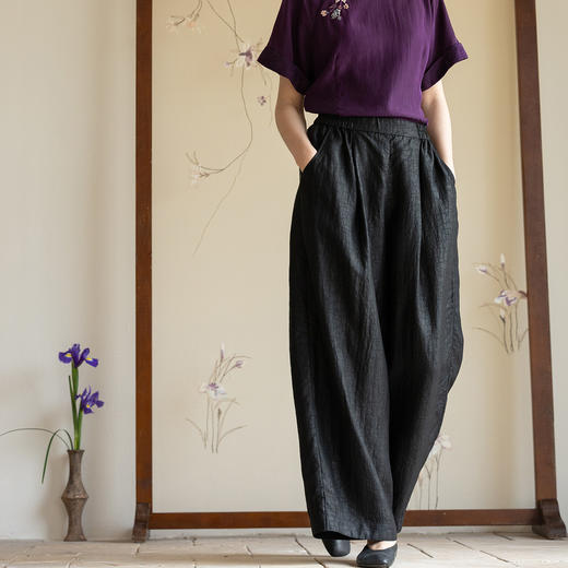 牧衣游原创 龟纹香云纱休闲长裤女新款黑色宽松禅意百搭裤子 欣雨 商品图0